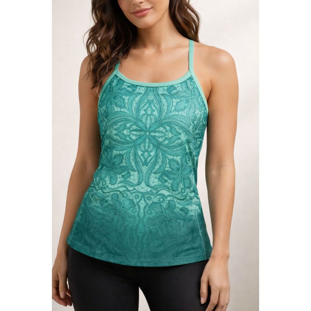 ATHLETA Women’s Teal Abstract Racerback Tank Top XS Built-In Bra Athletic